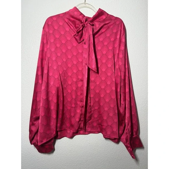 Worthington Pink Art Deco Geometric Bow Tie Blouse Mock Neck Satin Top 2X - Picture 5 of 9